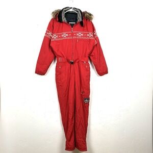 VTG Bogner Ski Suit Snowsuit One Piece Belted Jumpsuit Fur Red Womens Sz 10 Flaw